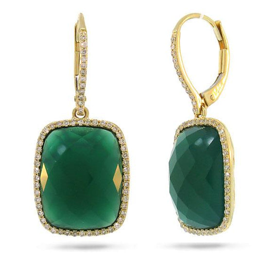 Diamond & 12.54ct Green Agate 14k Yellow Gold Earring - 0.37ct