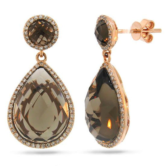 Diamond & 12.21ct Smokey Topaz 14k Rose Gold Earring - 0.39ct