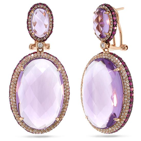 Diamond & 43.45ct Amethyst & Pink Sapphire 14k Rose Gold Earring - 1.15ct
