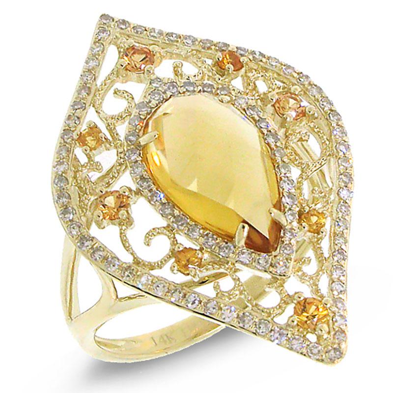 Diamond & 2.15ct Citrine & 0.25ct Yellow Sapphire 14k Yellow Gold Ring - 0.36ct