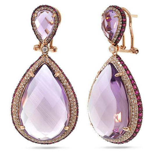 Diamond & 41.99ct Amethyst & Pink Sapphire 14k Rose Gold Earring - 1.15ct