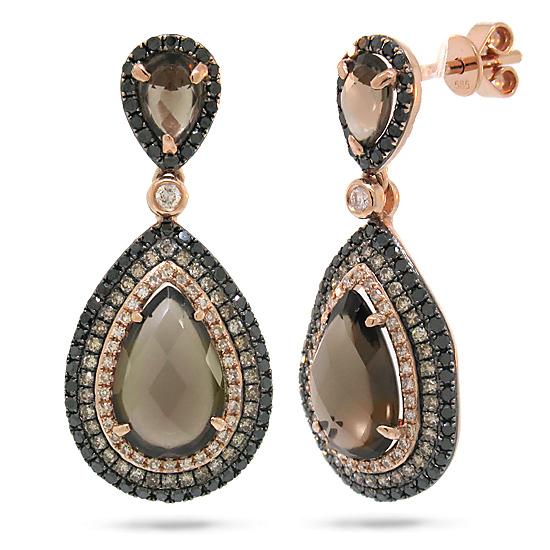 White, Champagne & Black Diamond & 4.31ct Smokey Topaz 14k Rose Gold Earring - 1.03ct