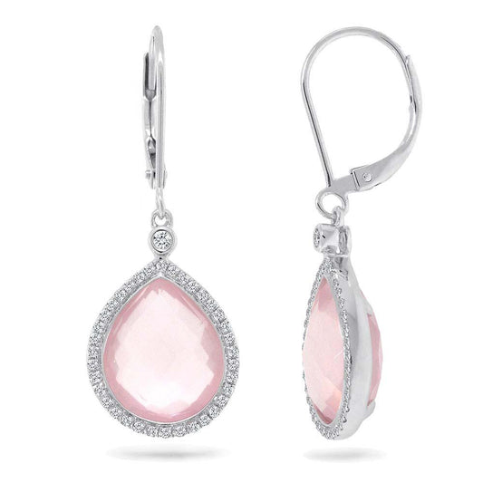 Diamond & 9.34ct Rose Quartz 14k White Gold Earring - 0.25ct