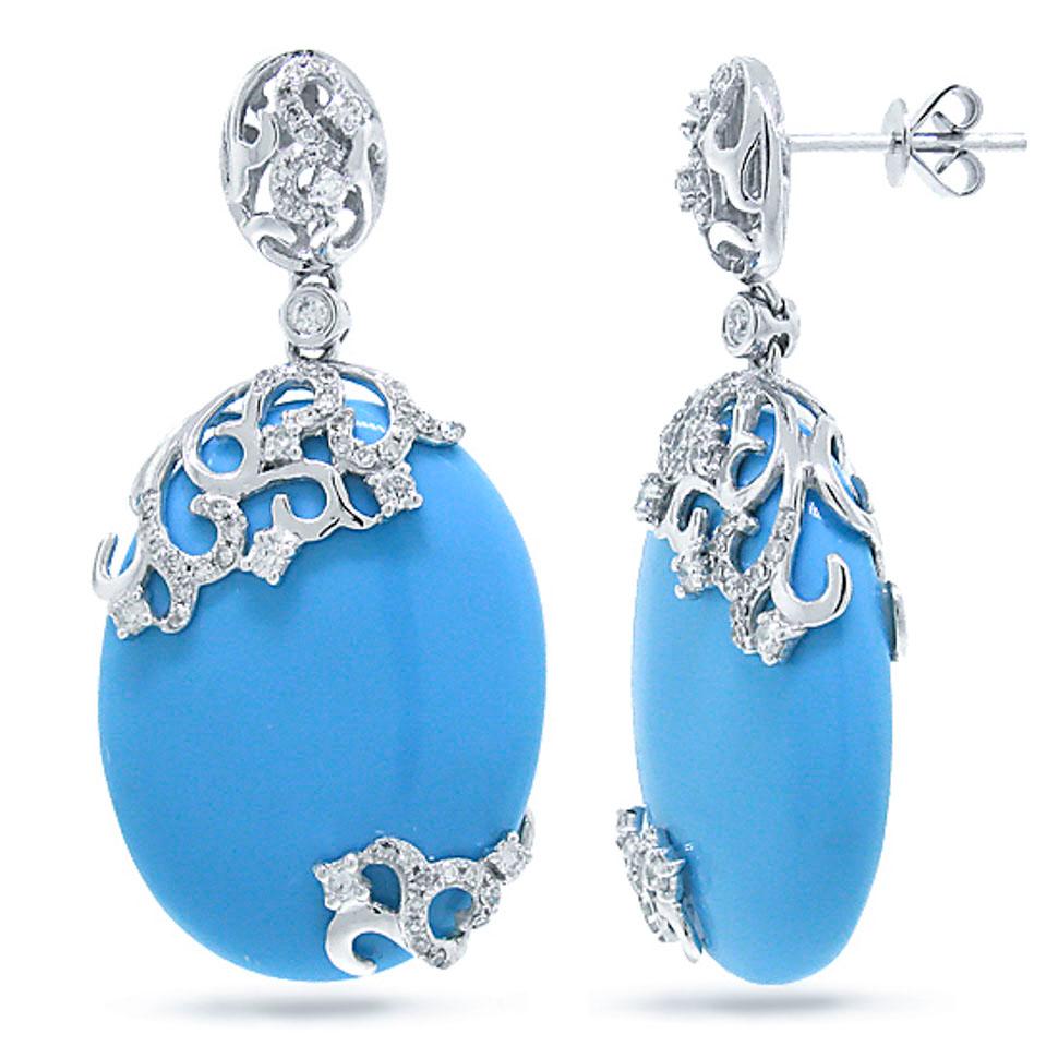 Diamond & 27.98ct Composite Turquoise 14k White Gold Earring - 0.63ct