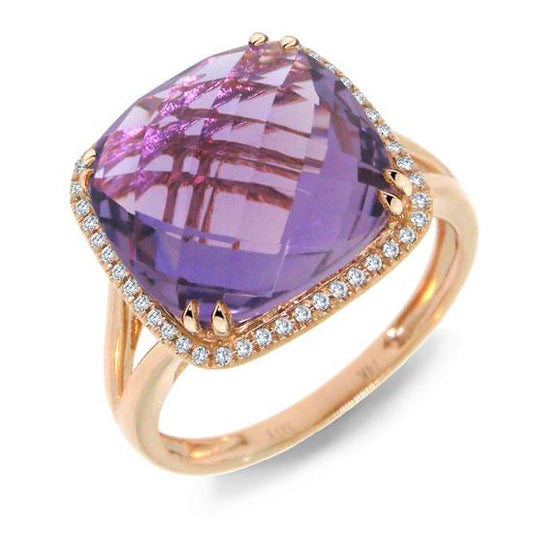 Diamond & 8.28ct Amethyst 14k Rose Gold Ring - 0.12ct