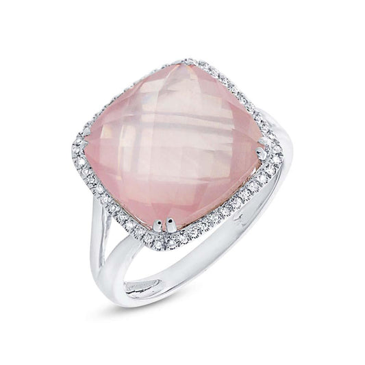 Diamond & 8.68ct Rose Quartz 14k White Gold Ring - 0.12ct