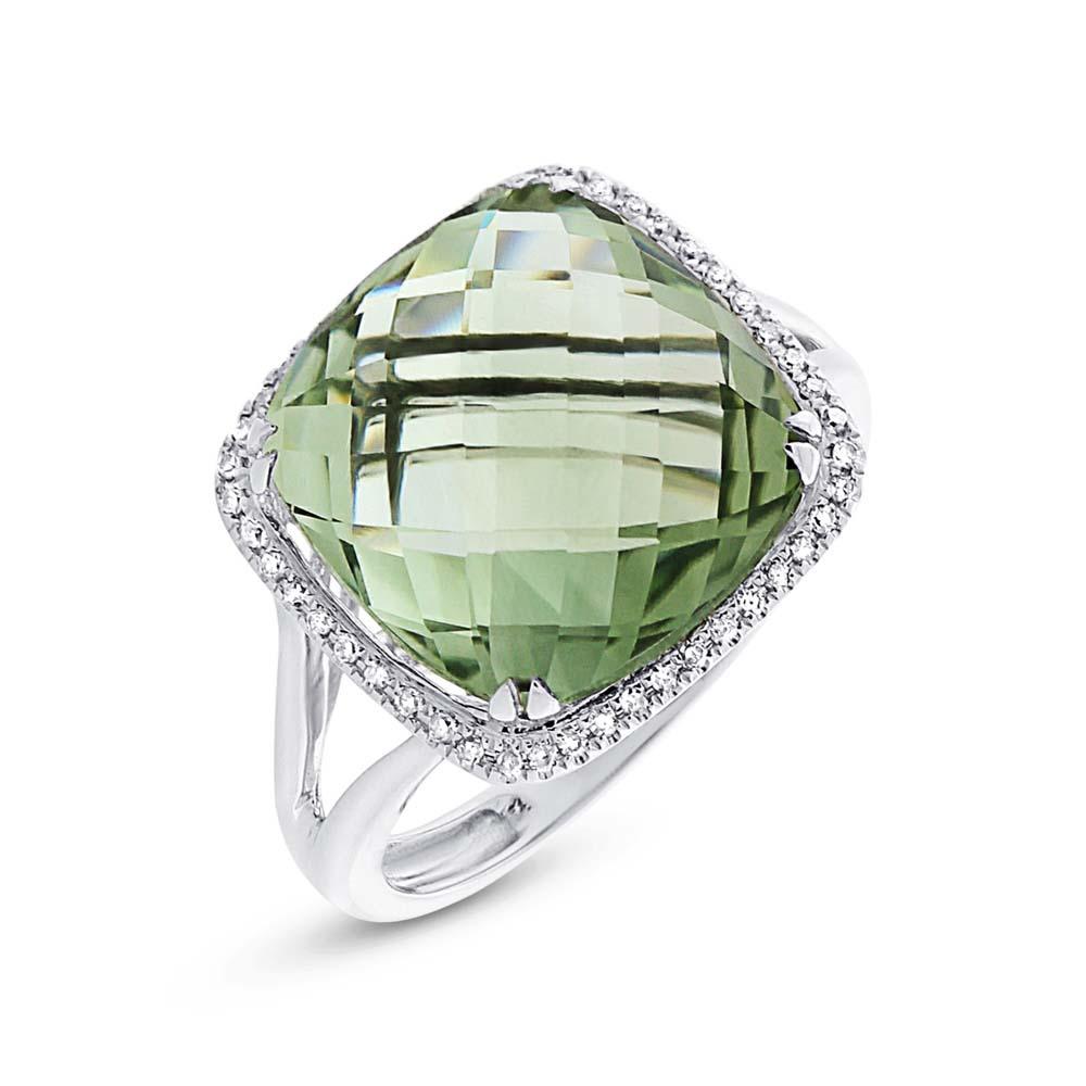 Diamond & 8.38ct Green Amethyst 14k White Gold Ring - 0.12ct