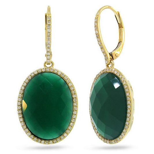 Diamond & 14.25ct Green Agate 14k Yellow Gold Earring - 0.38ct