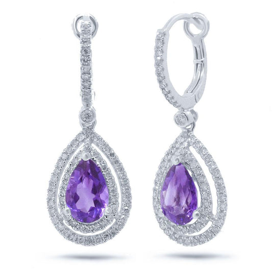 Diamond & 2.29ct Amethyst 14k White Gold Earring - 0.76ct