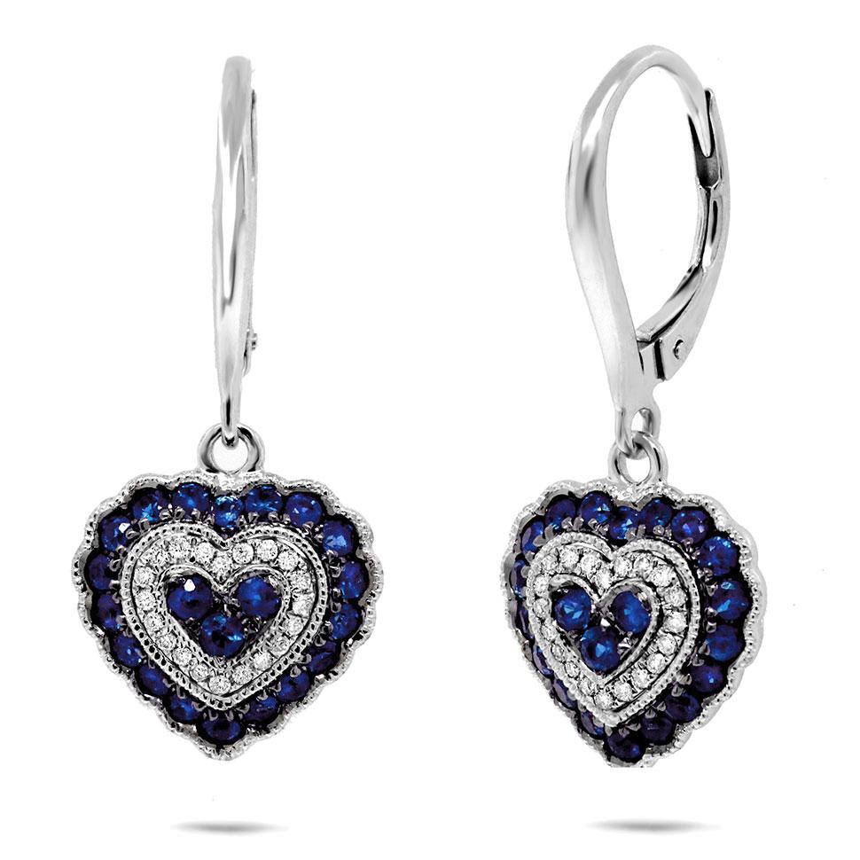 Diamond & 0.93ct Blue Sapphire 14k White Gold Heart Earring - 0.13ct