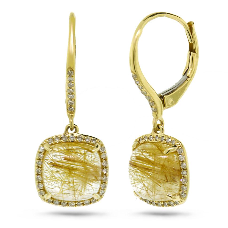 Diamond & 4.77ct Golden Line Quartz 14k Yellow Gold Earring - 0.21ct