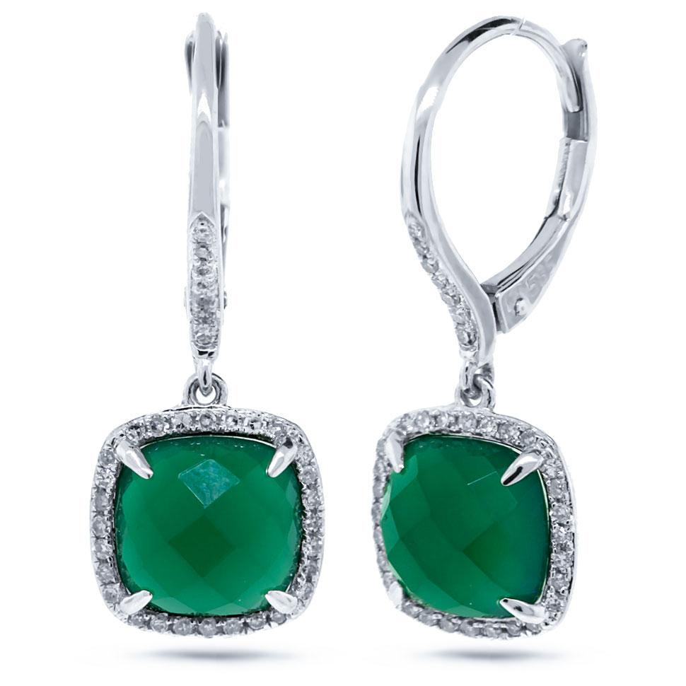 Diamond & 3.96ct Green Agate 14k White Gold Earring - 0.21ct