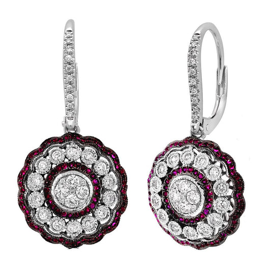 Diamond & 0.33ct Ruby 14k White Gold Earring - 0.72ct