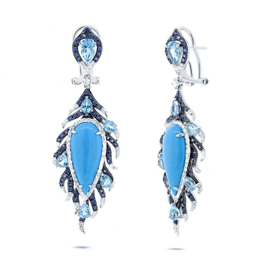 Diamond & 11.58ct Composite Turquoise, Blue Sapphire & Blue Topaz 14k White Gold Earring - 0.75ct