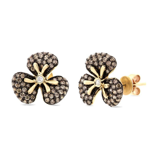 14k Yellow Gold White & Champagne Diamond Flower Earring - 0.95ct