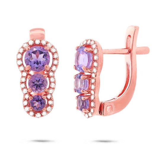 Diamond & 0.80ct Amethyst 14k Rose Gold Earring - 0.18ct