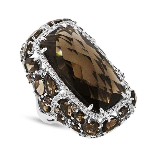 White & Champagne Diamond & 20.66ct Smokey Topaz 14k White Gold Ring - 0.99ct