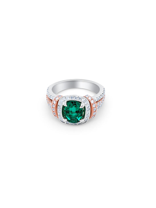 14k White Gold Diamond Emerald Stong Round Cut Ring 1.85c