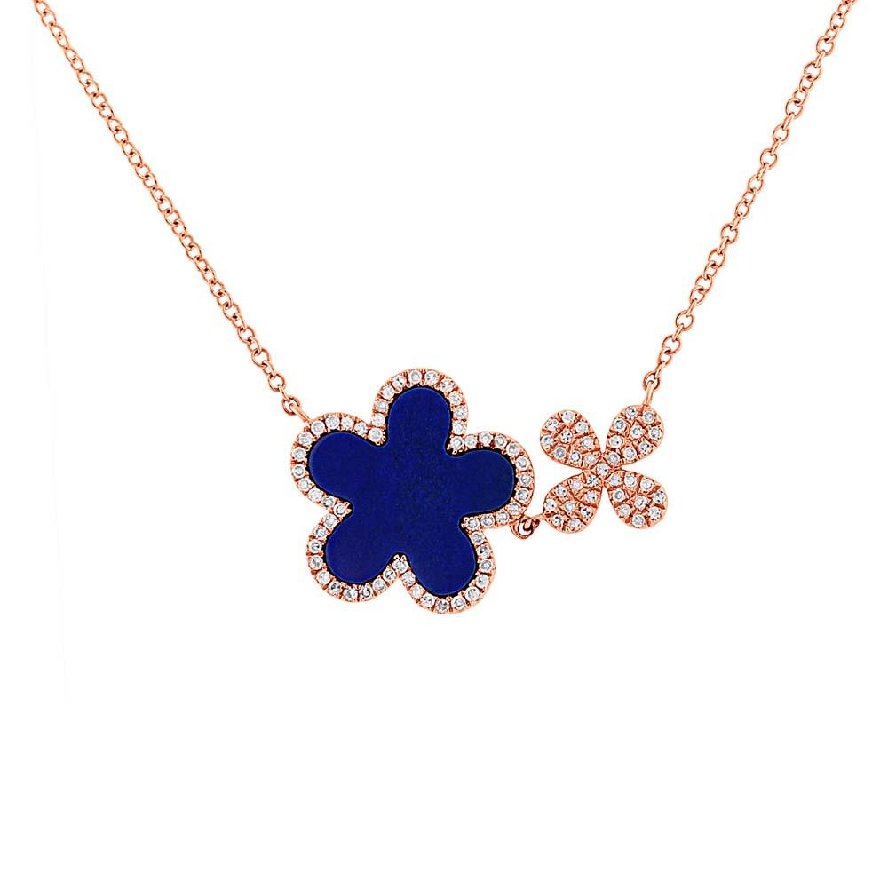 Diamond & 1.33ct Lapis 14k Rose Gold Flower Necklace - 0.23ct