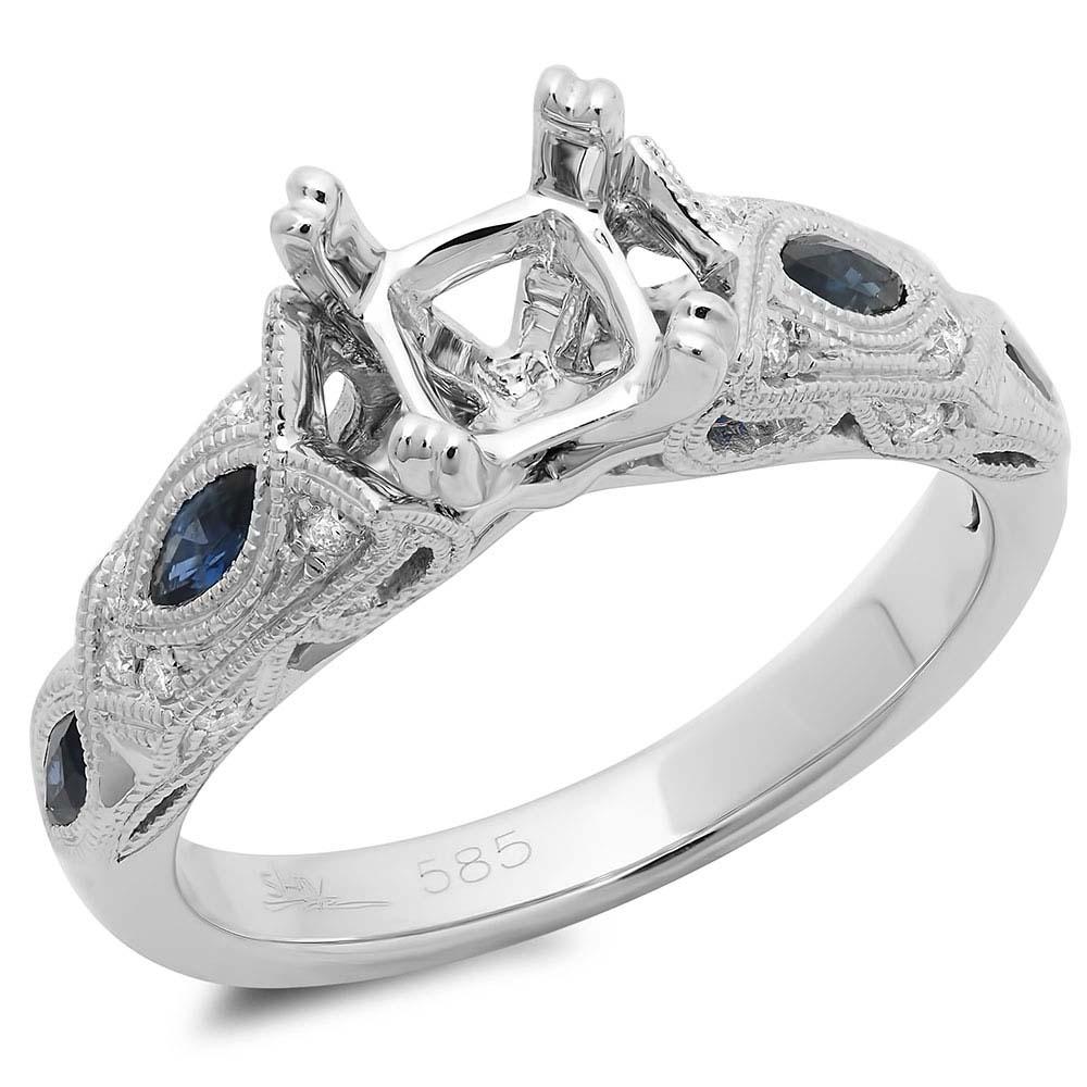 Diamond & 0.40ct Blue Sapphire 14k White Gold Semi-mount Ring - 0.09ct