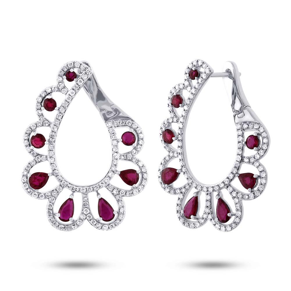 Diamond & 2.50ct Ruby 14k White Gold Earring - 1.18ct