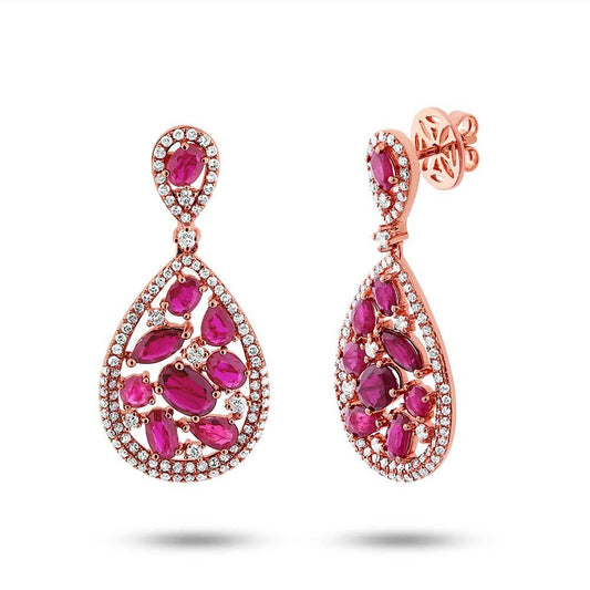 Diamond & 4.38ct Ruby 14k Rose Gold Earring - 1.09ct