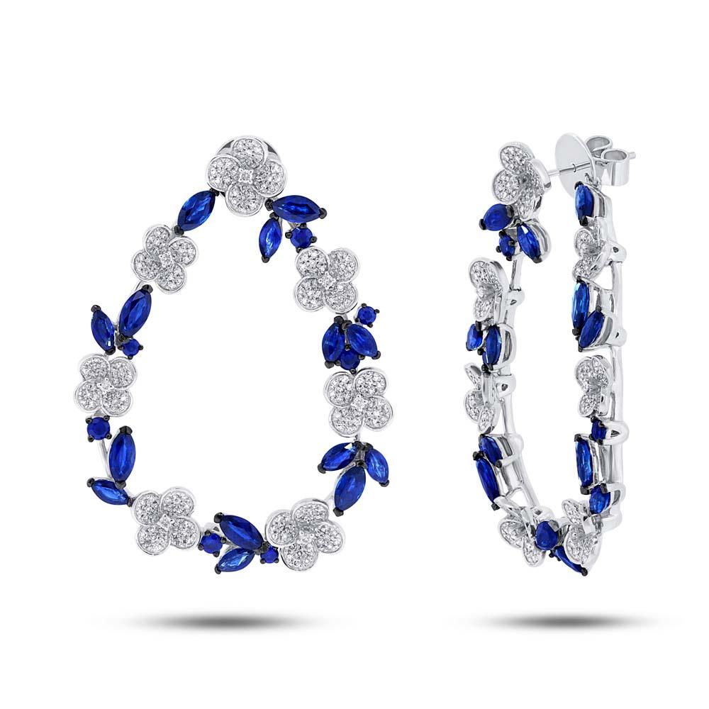 Diamond & 7.95ct Blue Sapphire 14k White Gold Flower Earring - 1.74ct