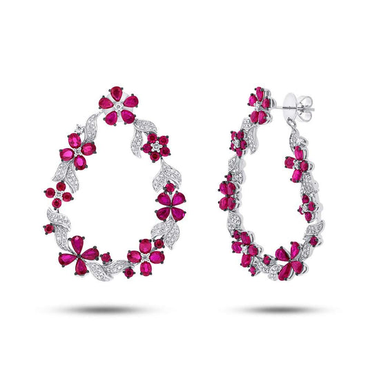 Diamond & 10.10ct Ruby 14k White Gold Flower Earring - 1.19ct