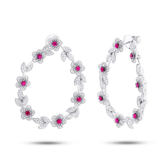 Diamond & 1.10ct Ruby 14k White Gold Flower Earring - 2.24ct