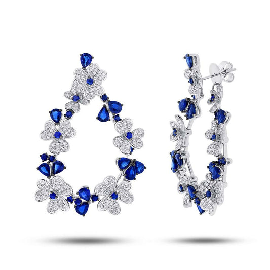 Diamond & 9.64ct Blue Sapphire 14k White Gold Flower Earring - 3.62ct