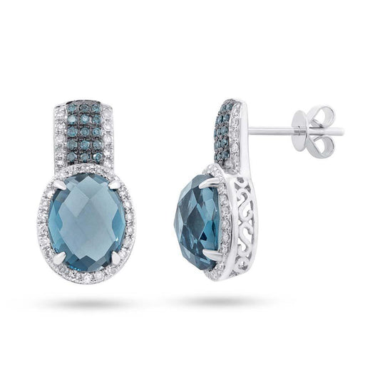 White & Treated Blue Diamond & 5.18ct London Blue Topaz 14k White Gold Earring - 0.46ct