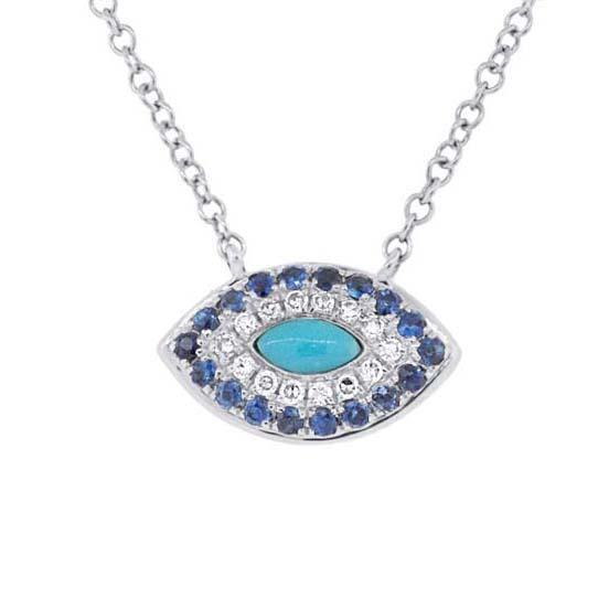 14k White Gold Diamond & 0.20ct Blue Sapphire & Composite Turquoise Necklace V0128