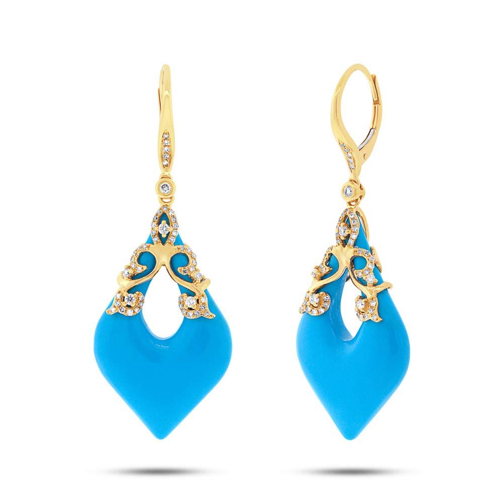 Diamond & 15.68ct Composite Turquoise 14k Yellow Gold Earring - 0.46ct