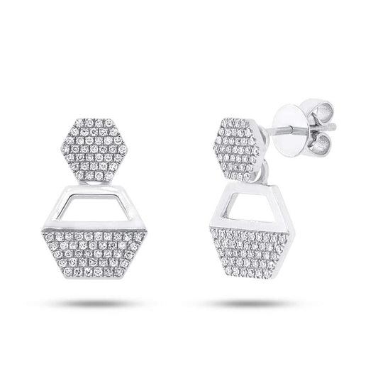 14k White Gold Diamond Hexagon Earring Jacket with Studs