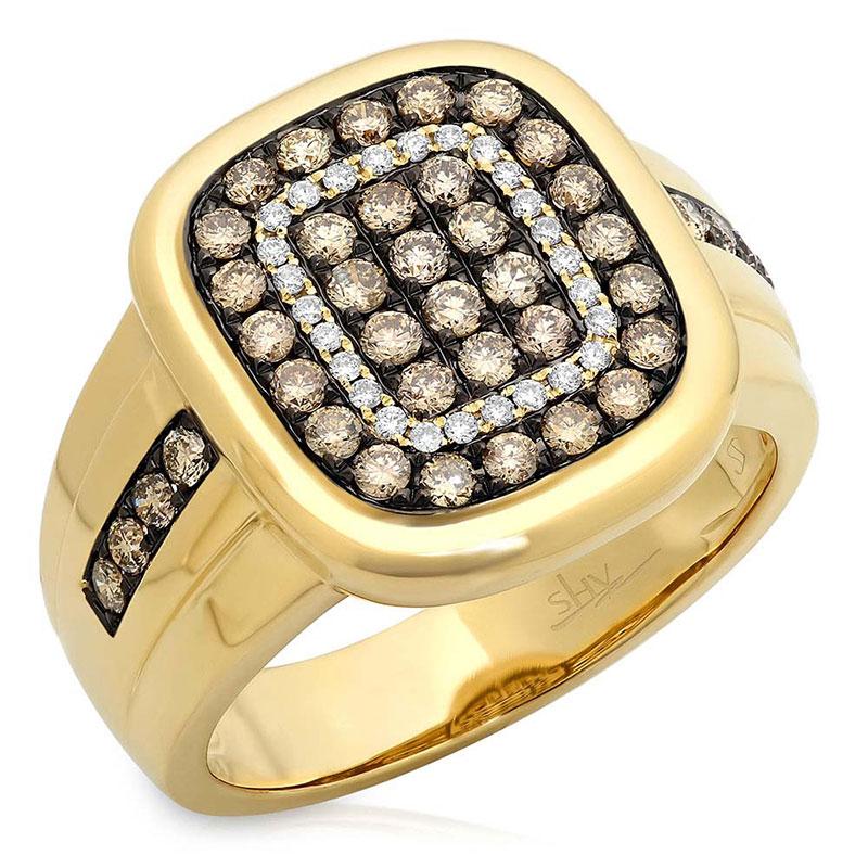 14k Yellow Gold White & Champagne Diamond Men's Ring Size 8 - 1.17ct