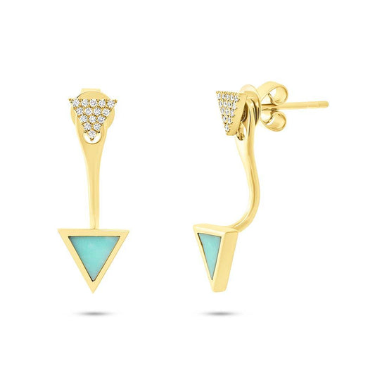 Diamond & 0.40ct Composite Turquoise 14k Yellow Gold Triangle Earring Jacket with Stud