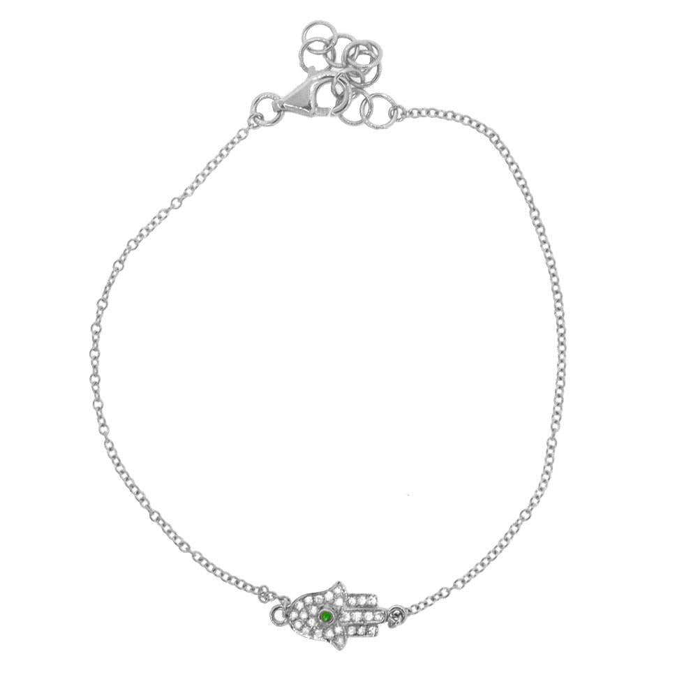 Diamond & 0.01ct Emerald 14k White Gold Hamsa Bracelet