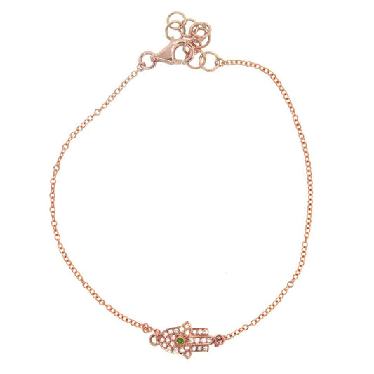 Diamond & 0.01ct Emerald 14k Rose Gold Hamsa Bracelet