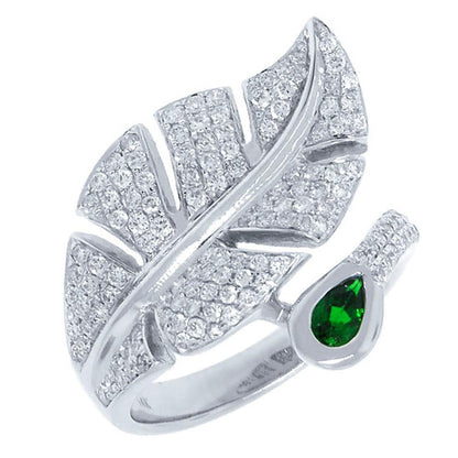 Diamond & 0.25ct Created Emerald 14k White Gold Leaf Ring - 0.85ct