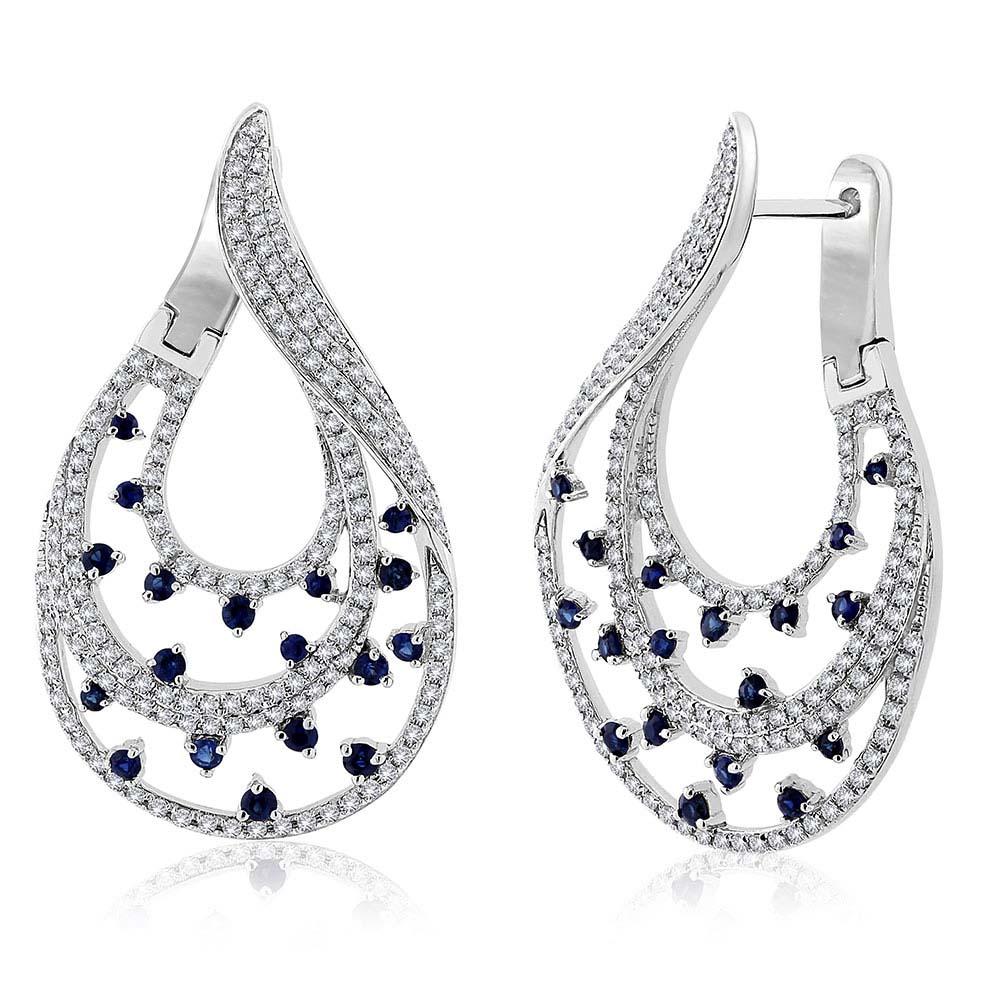 Diamond & 0.83ct Blue Sapphire 14k White Gold Earring - 1.49ct
