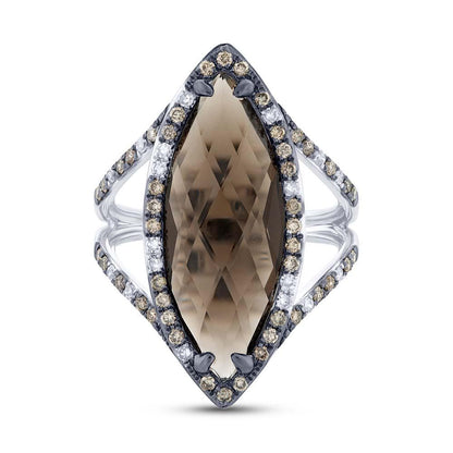 White & Champagne Diamond & 5.94ct Smokey Topaz 14k White Gold Ring - 0.53ct