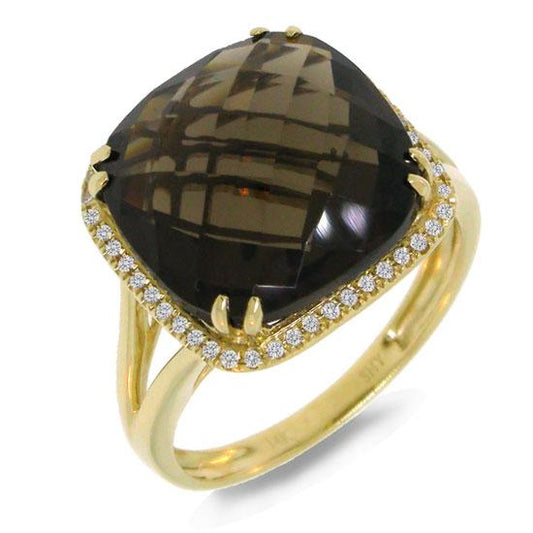 Diamond & 8.62ct Smokey Quartz 14k Yellow Gold Ring - 0.12ct