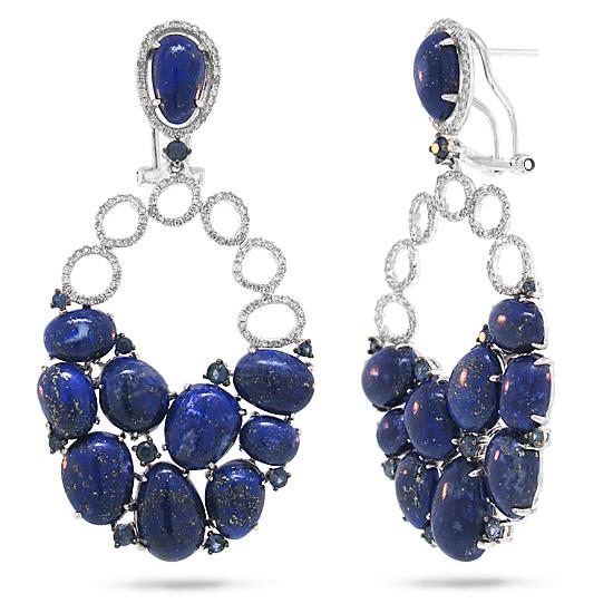 Diamond & 34.31ct Lapis & Blue Sapphire 14k White Gold Earring - 0.74ct