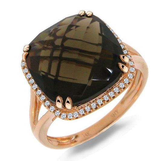 Diamond & 8.62ct Smokey Quartz 14k Rose Gold Ring - 0.12ct