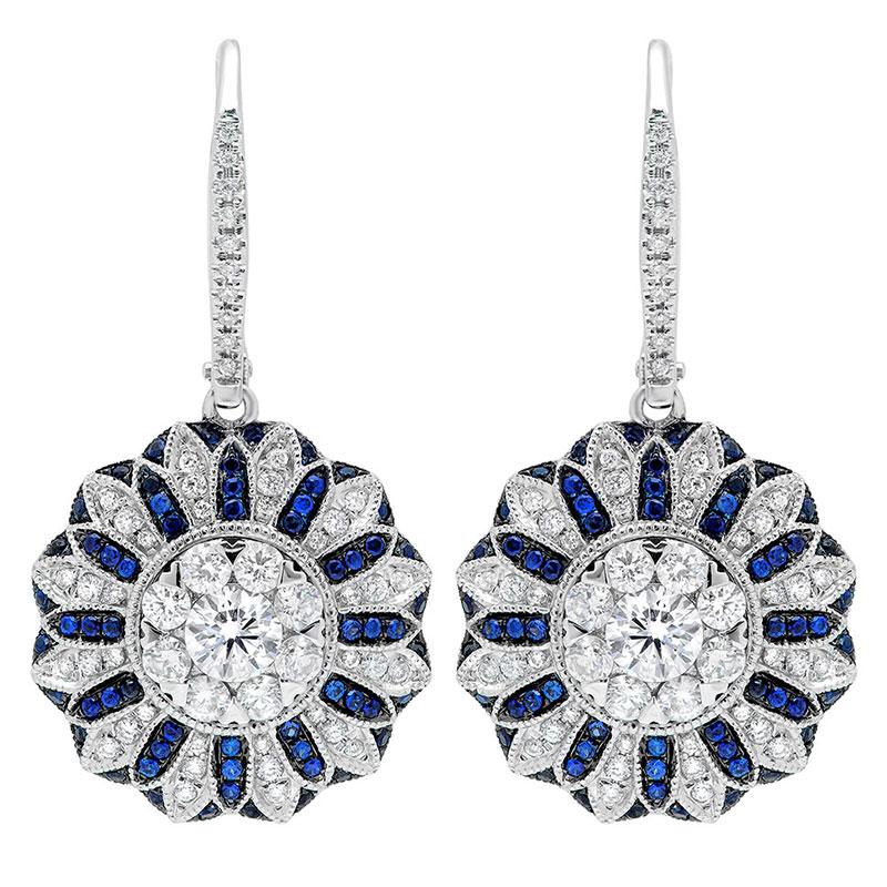 Diamond & 0.43ct Blue Sapphire 14k White Gold Earring - 1.48ct