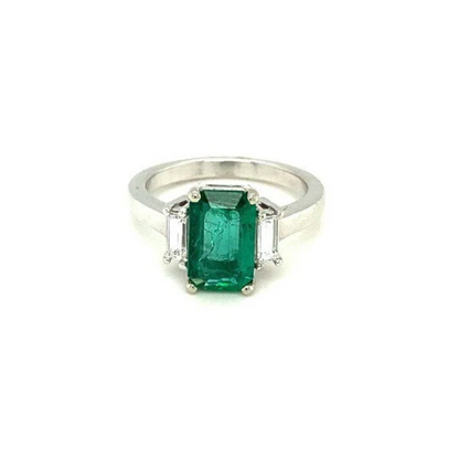 Emerald-Cut Gemstone & Natural White Diamond 3 Stone Halo Style Ring