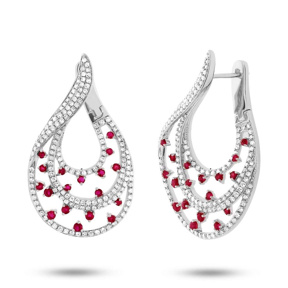 Diamond & 0.93ct Ruby 14k White Gold Earring - 1.49ct