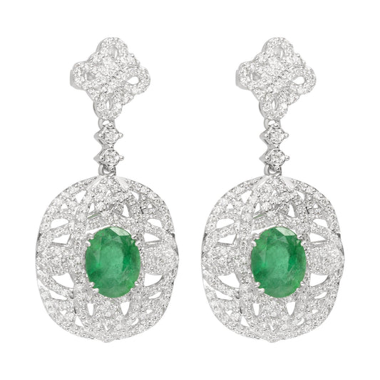 14K White Gold Diamond Emerald Earrings