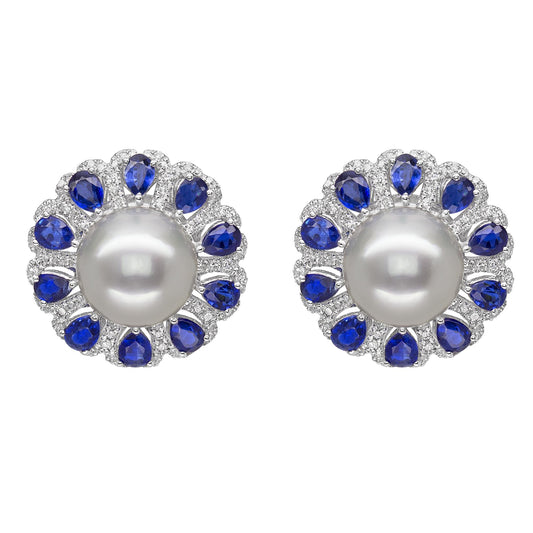 18K White Gold Pearl and Sapphire Earrings