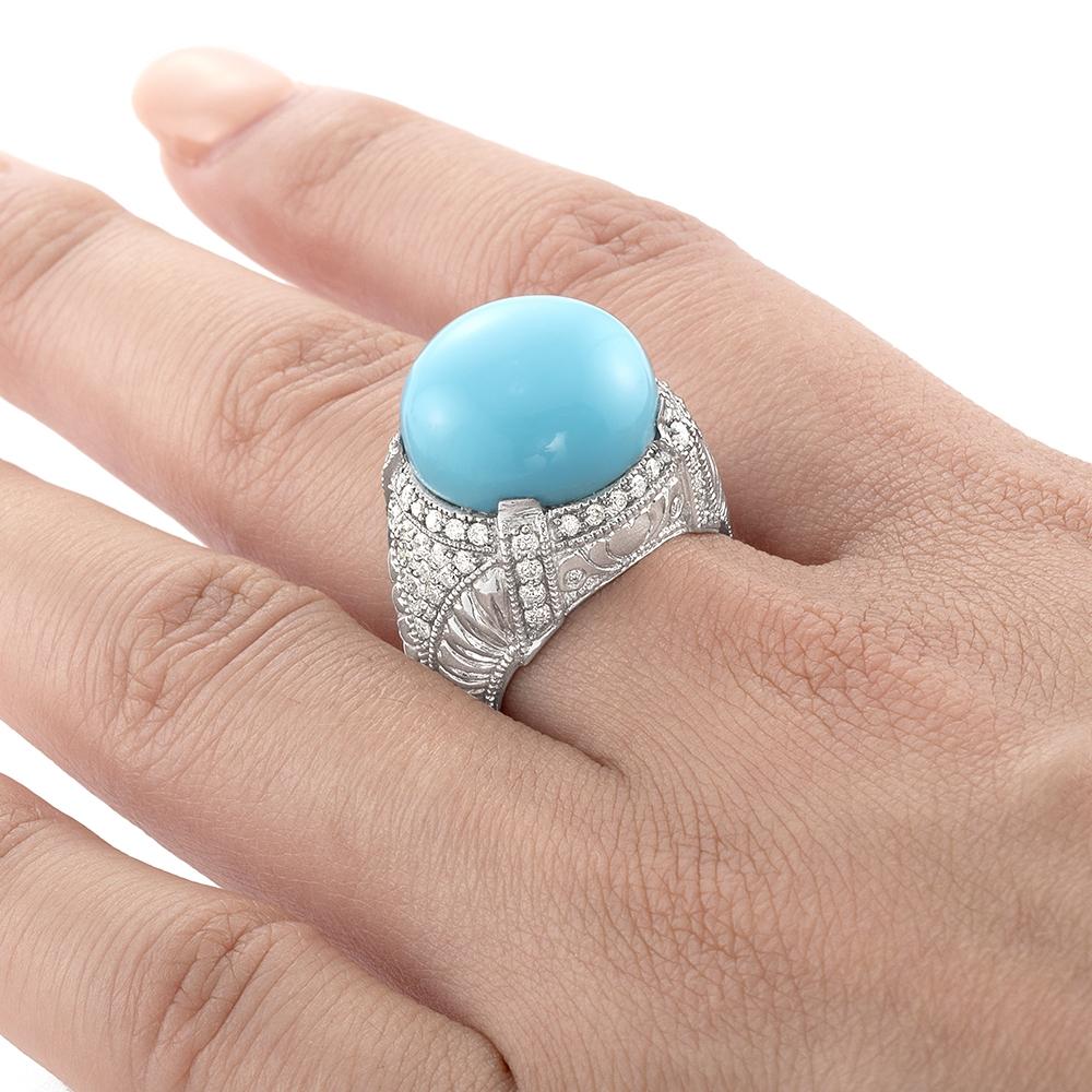 14K White Gold Diamond Turquoise Lady's Ring V0300